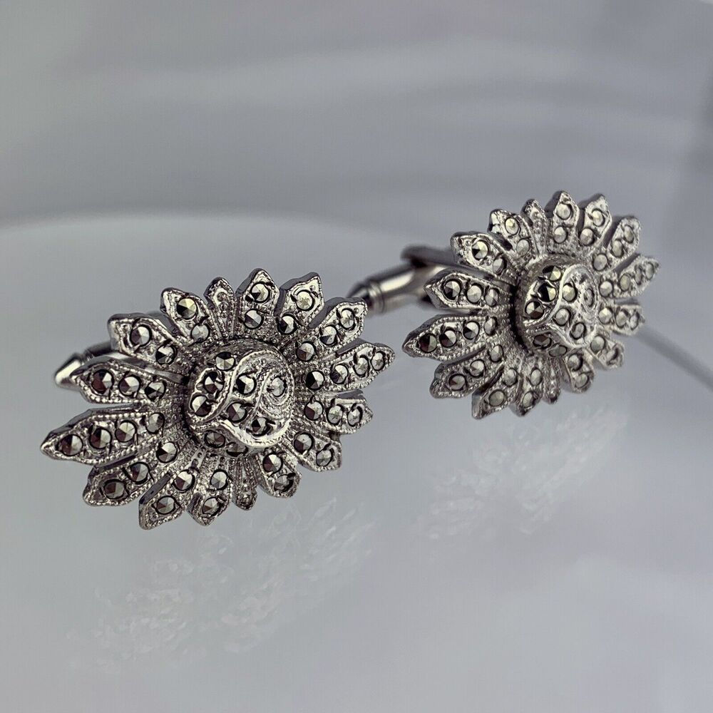 Large Sun Burst Sterling Silver Cufflinks Marcasite Shield Flower Statement VTG
